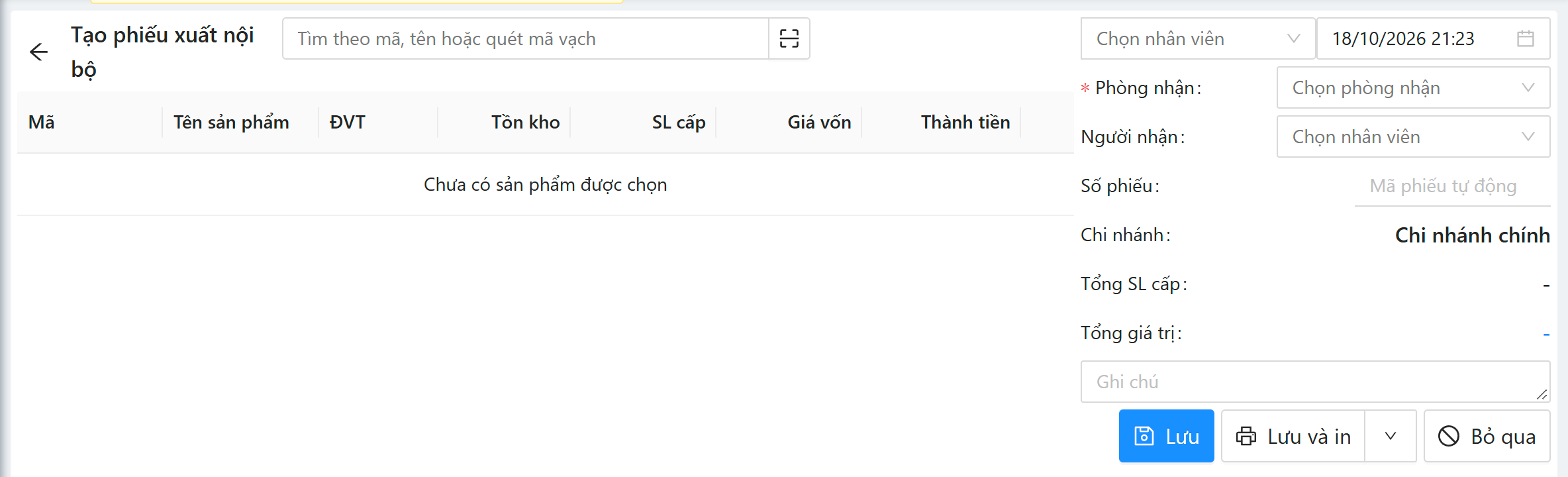 Tạo phiếu xuất nội bộ: chọn phòng nhận, người nhận, số lượng cấp