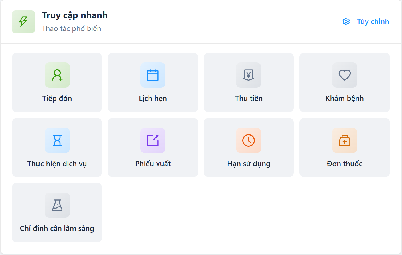 Khu Truy cập nhanh trên trang chủ: các ô chức năng hay dùng và nút Tùy chỉnh