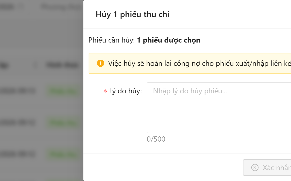 Cửa sổ Hủy phiếu thu chi: số phiếu được chọn, cảnh báo hoàn lại công nợ cho phiếu xuất nhập liên kết, ô Lý do hủy