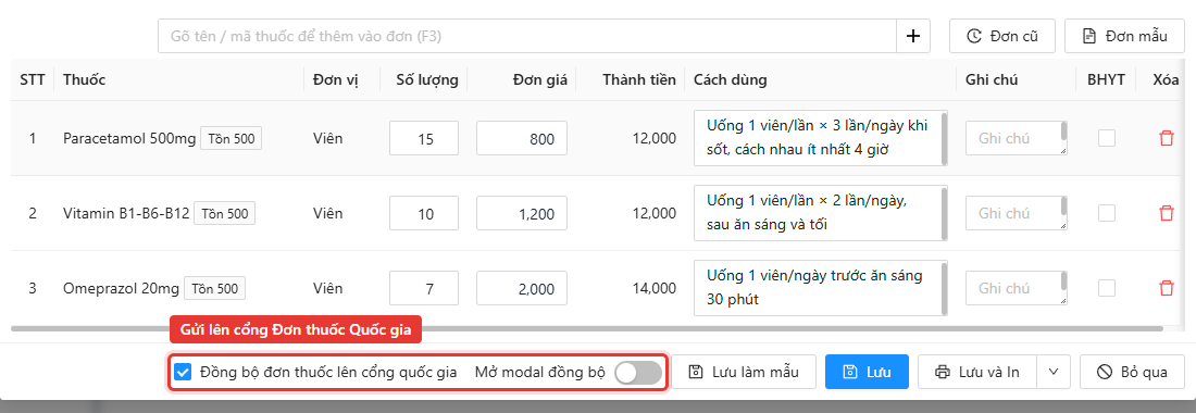 Ô Đồng bộ đơn thuốc lên cổng quốc gia ở chân màn Tạo đơn thuốc