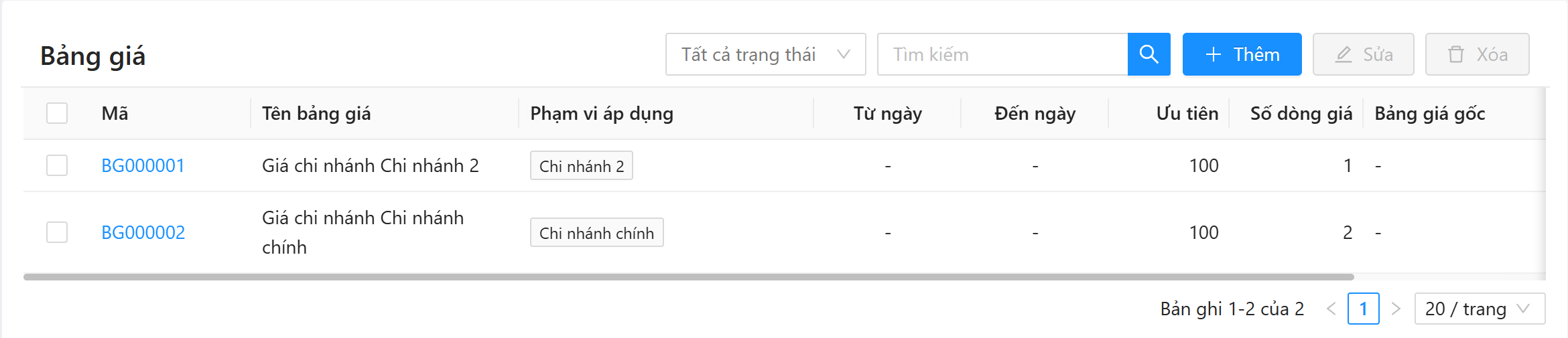 Danh sách bảng giá: cột Mã, Tên bảng giá, Phạm vi áp dụng, Từ ngày, Đến ngày, Ưu tiên, Số dòng giá, Bảng giá gốc, Trạng thái