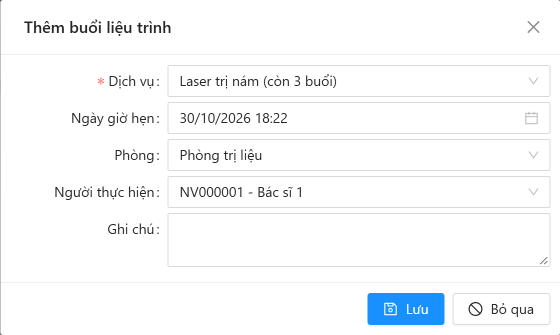 Cửa sổ Thêm buổi liệu trình: Dịch vụ, Ngày giờ hẹn, Phòng, Người thực hiện, Ghi chú