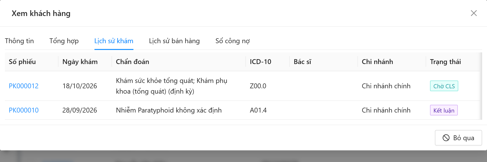 Tab Lịch sử khám: số phiếu, ngày khám, chẩn đoán, ICD-10, bác sĩ, chi nhánh, trạng thái