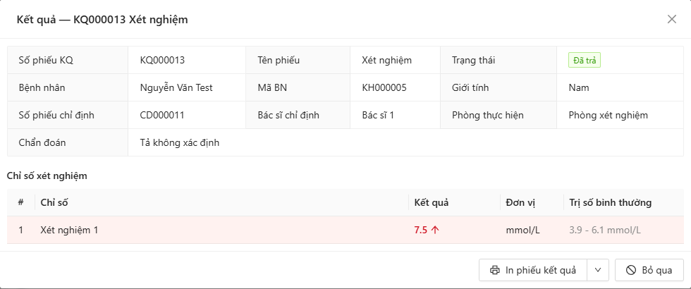 Cửa sổ xem kết quả: Số phiếu kết quả, Tên phiếu, Trạng thái, Bệnh nhân, Mã bệnh nhân, Giới tính, Số phiếu chỉ định, Bác sĩ chỉ định, Phòng thực hiện, Chẩn đoán; bảng Chỉ số, Kết quả, Đơn vị, Trị số bình thường; Kết luận, Đề nghị; nút In và chọn mẫu in, Bỏ qua