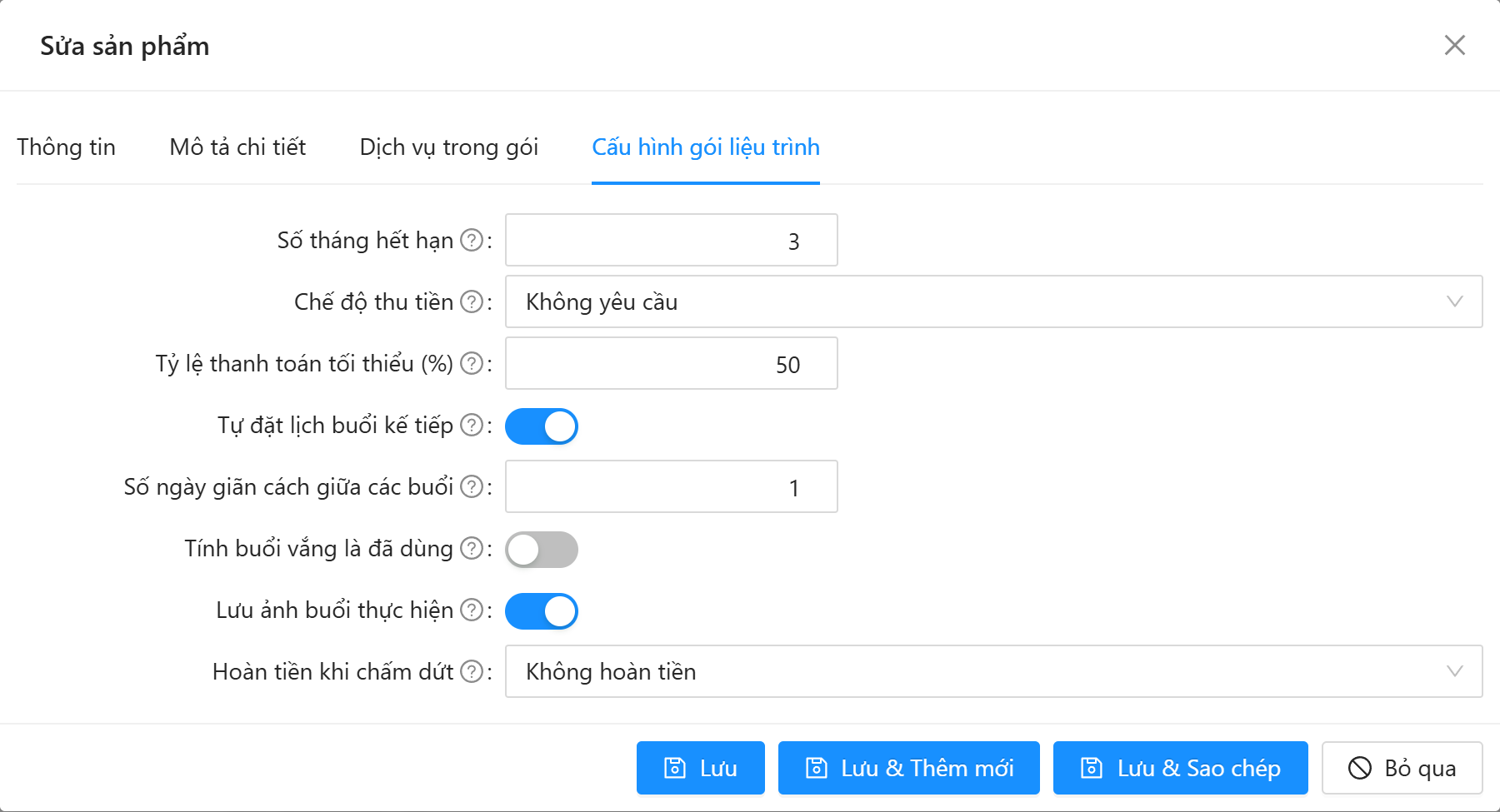 Tab Cấu hình gói liệu trình: Số tháng hết hạn, Chế độ thu tiền, Tỷ lệ thanh toán tối thiểu, Tự đặt lịch buổi kế tiếp, Số ngày giãn cách, Tính buổi vắng là đã dùng, Lưu ảnh buổi thực hiện, Hoàn tiền khi chấm dứt