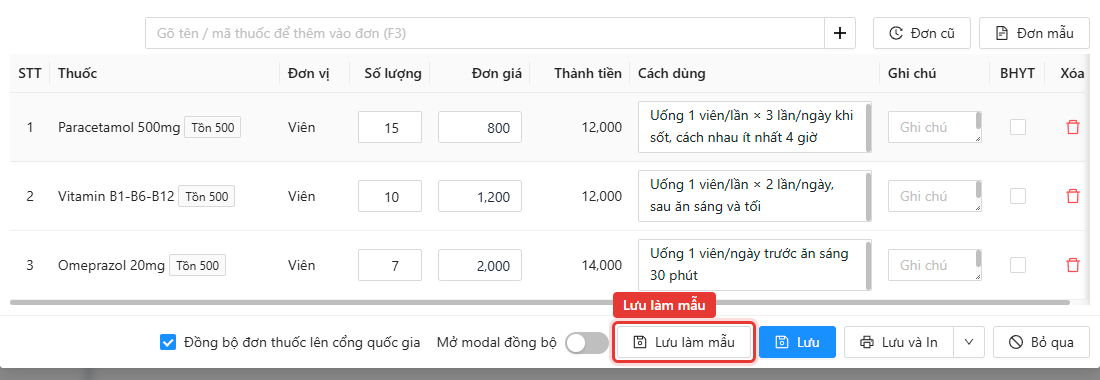 Nút Lưu làm mẫu ở chân màn Tạo đơn thuốc