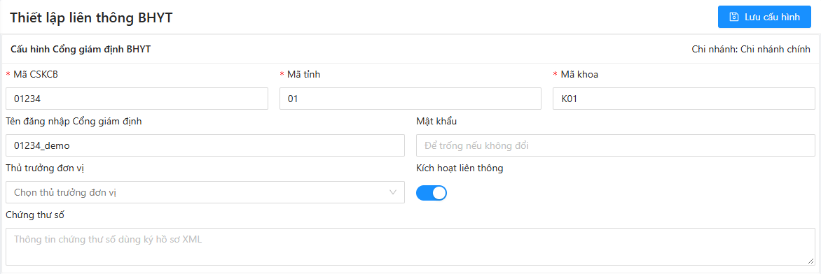 Thiết lập liên thông BHYT: Mã CSKCB, Mã tỉnh, Mã khoa, Tên đăng nhập Cổng giám định, Mật khẩu, Thủ trưởng đơn vị, Kích hoạt liên thông, Chứng thư số, nút Lưu cấu hình