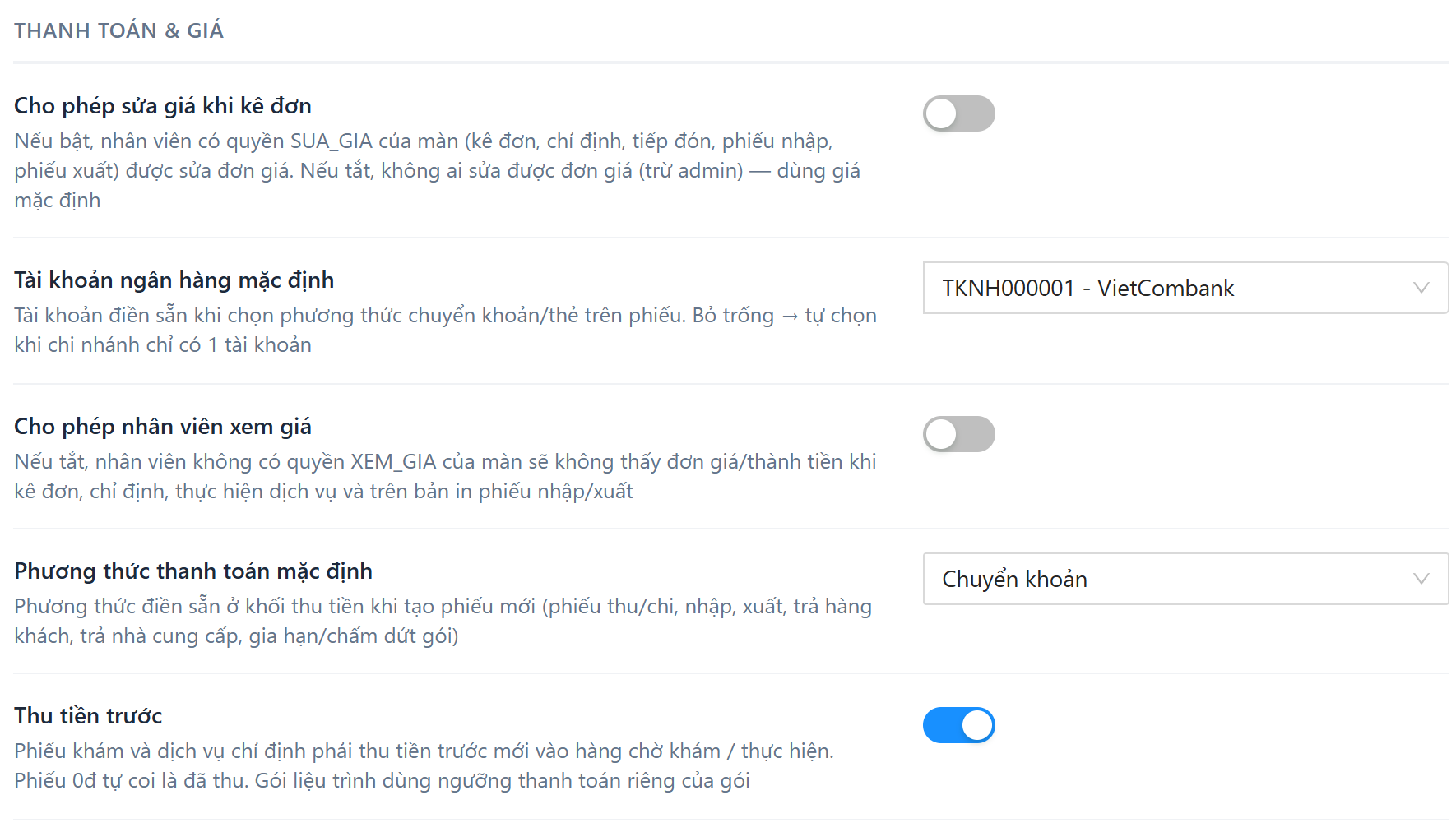 Nhóm thiết lập Thanh toán và Giá: thu tiền trước, cho phép sửa giá, cho phép nhân viên xem giá, phương thức và tài khoản ngân hàng mặc định