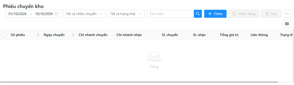 Danh sách phiếu chuyển kho: lọc chiều chuyển, trạng thái, nút Thêm, Nhận hàng, cột SL chuyển, SL nhận