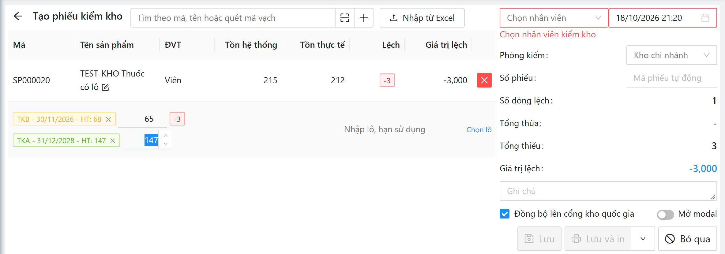 Tạo phiếu kiểm kho: tồn hệ thống, tồn thực tế, lệch -3, giá trị lệch và nhập số thực tế theo từng lô