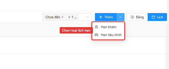Nút Thêm và menu chọn Hẹn khám hoặc Hẹn liệu trình