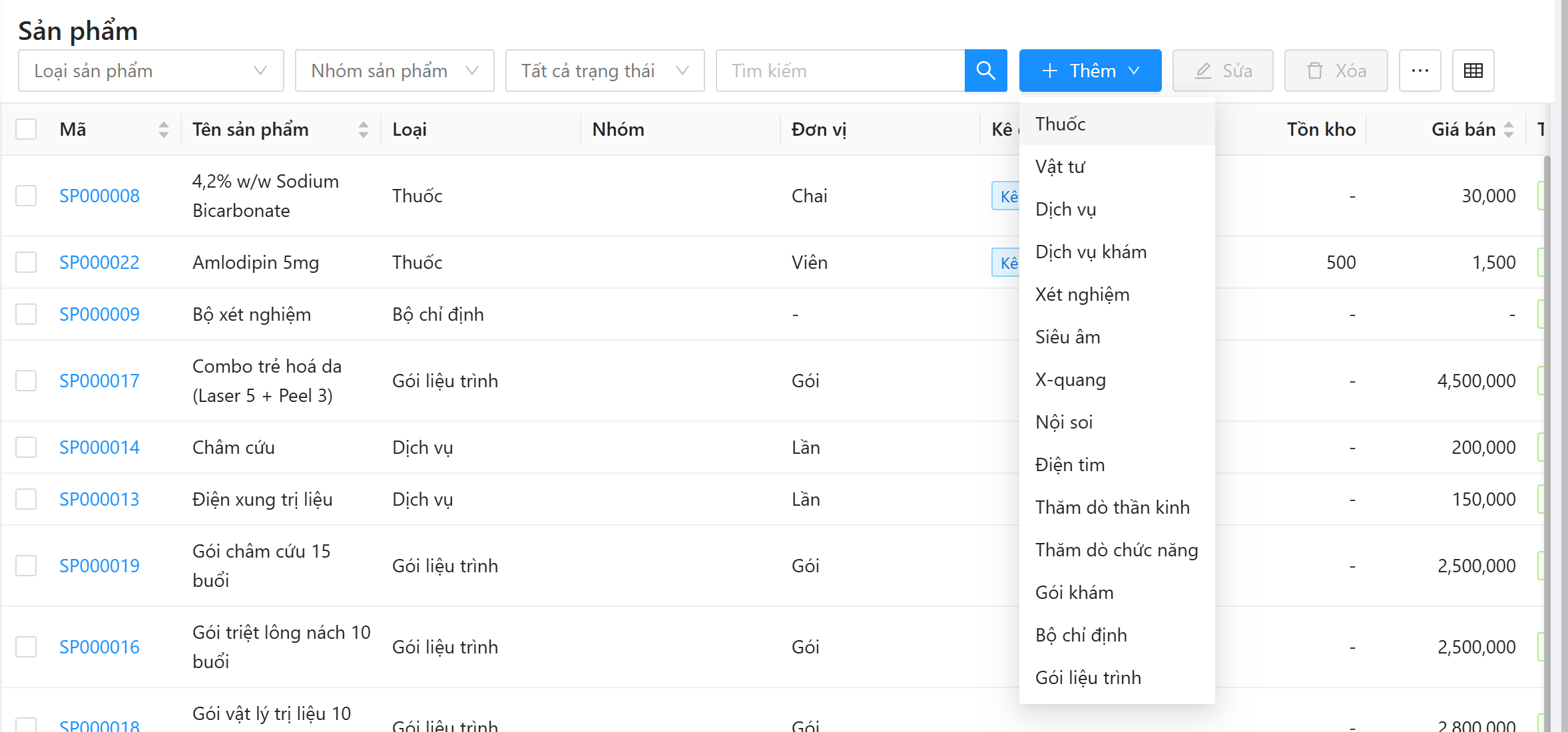 Nút Thêm mở danh sách loại: Thuốc, Vật tư, Dịch vụ, Dịch vụ khám, Xét nghiệm, Siêu âm, X-quang, Nội soi, Điện tim, Thăm dò thần kinh, Thăm dò chức năng, Gói khám, Bộ chỉ định, Gói liệu trình