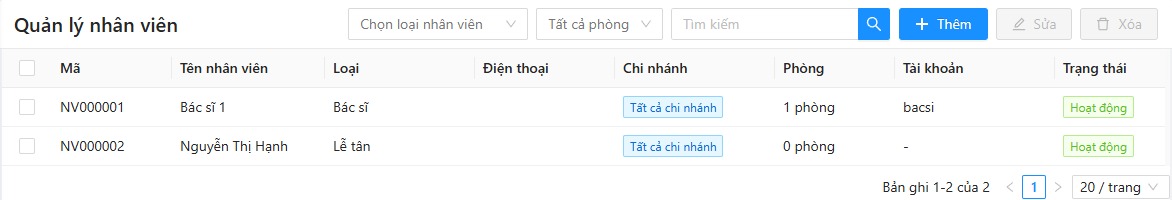 Danh sách nhân viên: lọc theo loại nhân viên, theo phòng, ô tìm kiếm, các nút Thêm, Sửa, Xóa