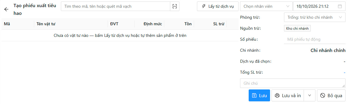 Tạo phiếu xuất tiêu hao: nút Lấy từ dịch vụ, phòng trừ, nguồn trừ, cột định mức, tồn, SL trừ