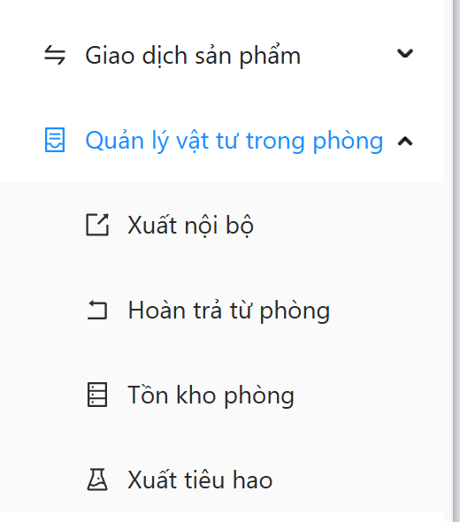 Nhóm menu Quản lý vật tư trong phòng gồm Xuất nội bộ, Hoàn trả từ phòng, Tồn kho phòng, Xuất tiêu hao