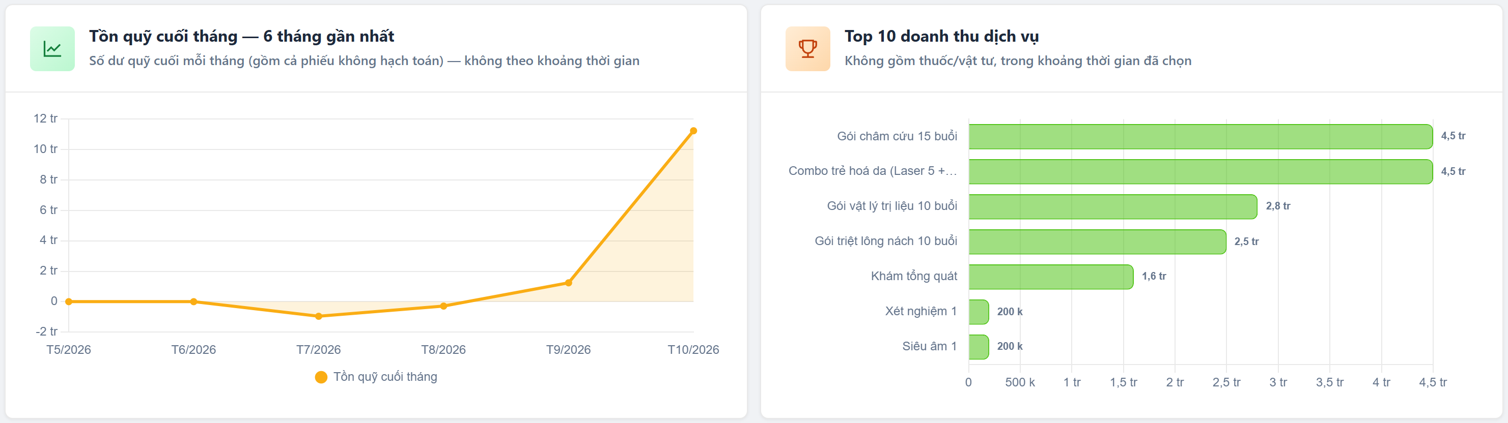 Biểu đồ đường Tồn quỹ cuối tháng 6 tháng gần nhất và biểu đồ thanh Top 10 doanh thu dịch vụ