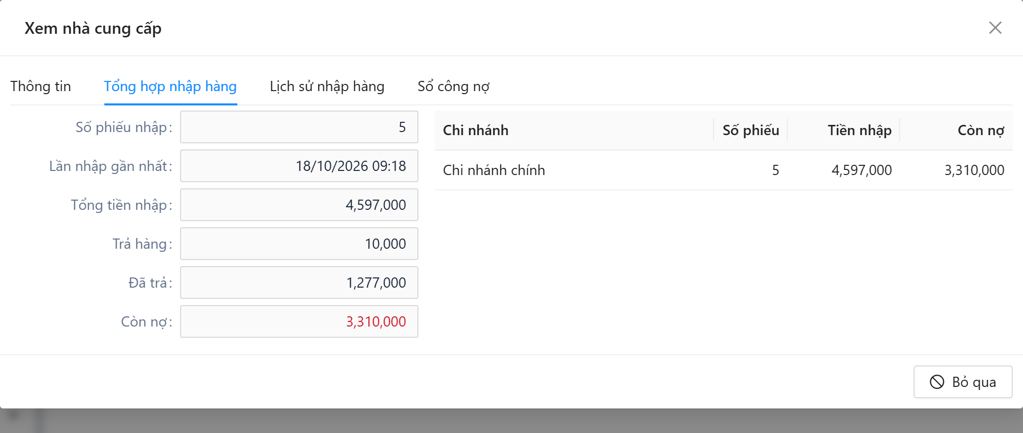 Tab Tổng hợp nhập hàng: số phiếu nhập, lần nhập gần nhất, tổng tiền nhập, trả hàng, đã trả, còn nợ và bảng theo chi nhánh