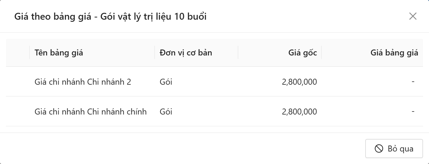 Cửa sổ Giá theo bảng giá của một sản phẩm: cột Tên bảng giá, Đơn vị cơ bản, Giá gốc, Giá bảng giá