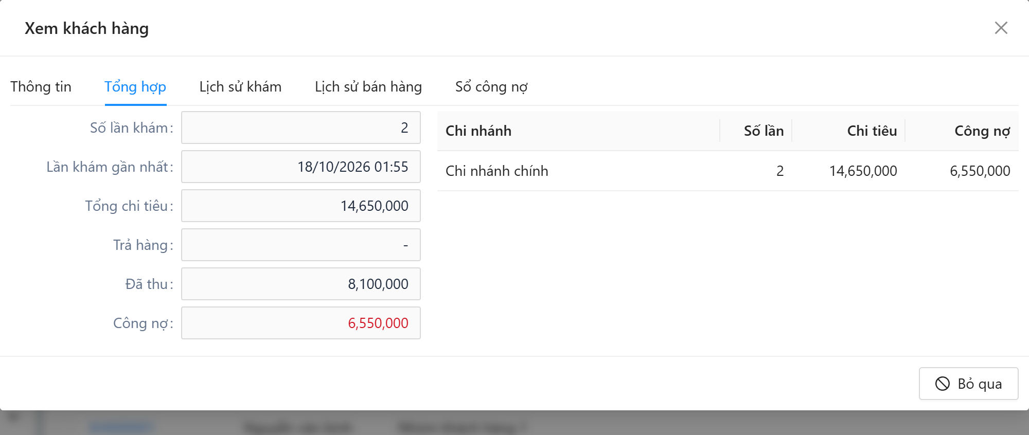 Tab Tổng hợp: số lần khám, lần khám gần nhất, tổng chi tiêu, trả hàng, đã thu, công nợ và bảng theo chi nhánh