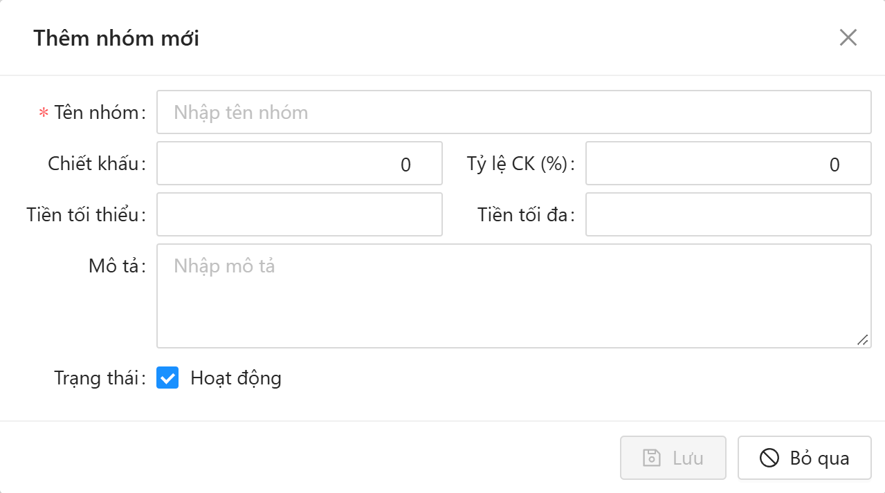 Màn hình Thêm nhóm mới: tên nhóm, chiết khấu, tỷ lệ chiết khấu, tiền tối thiểu, tiền tối đa, mô tả, trạng thái