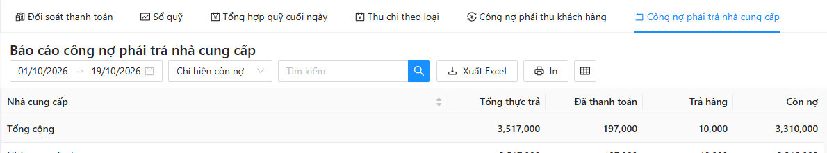 Báo cáo công nợ phải trả nhà cung cấp: bảng Nhà cung cấp, Tổng thực trả, Đã thanh toán, Trả hàng, Còn nợ với dòng Tổng cộng