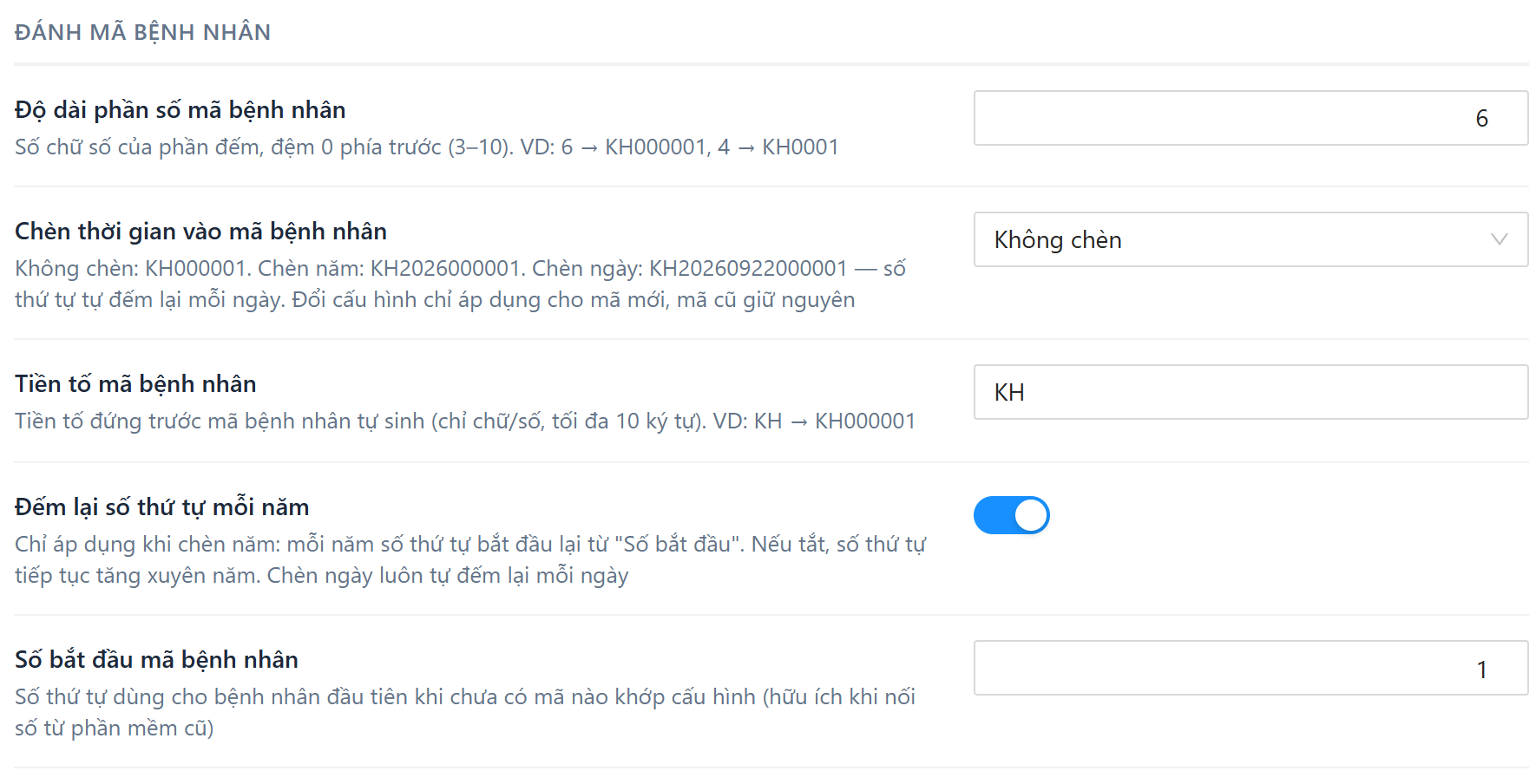 Nhóm thiết lập Đánh mã bệnh nhân: tiền tố, độ dài phần số, số bắt đầu, chèn thời gian vào mã, đếm lại số thứ tự mỗi năm