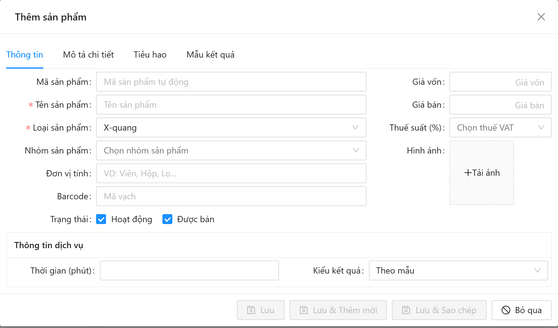 Thêm chỉ định X-quang: thẻ Thông tin dịch vụ có Thời gian và Kiểu kết quả
