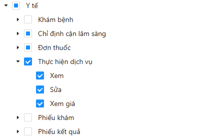 Mở rộng chức năng Thực hiện dịch vụ trong cây phân quyền, thấy các thao tác Xem, Sửa, Xem giá