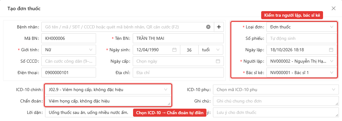 Thông tin đơn: loại đơn, người lập, bác sĩ kê và ICD-10, chẩn đoán