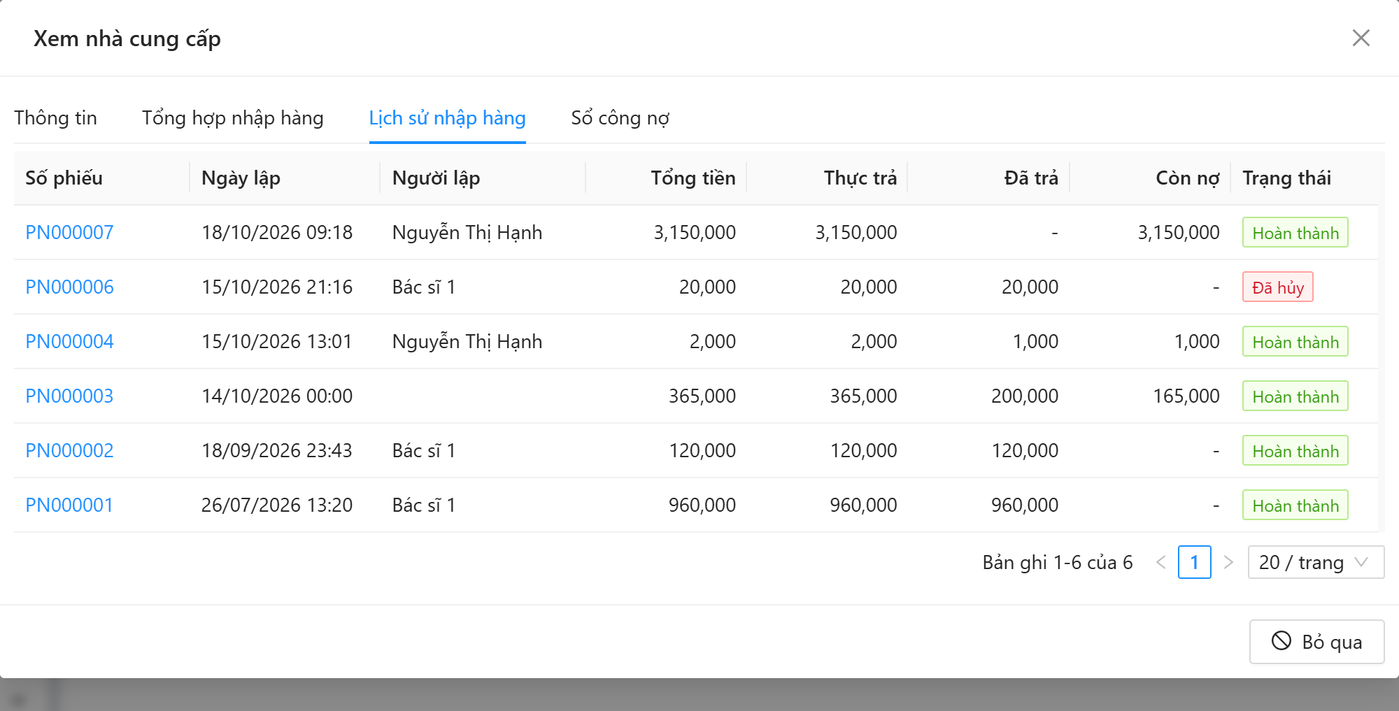 Tab Lịch sử nhập hàng: số phiếu, ngày lập, người lập, tổng tiền, thực trả, đã trả, còn nợ, trạng thái