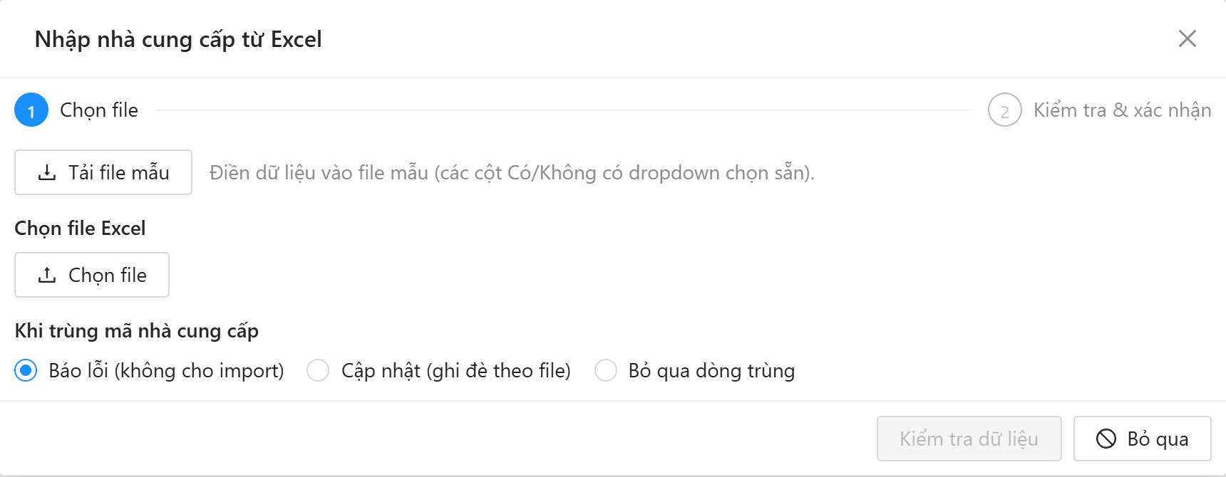 Màn hình nhập nhà cung cấp từ Excel: tải file mẫu, chọn file, xử lý trùng mã