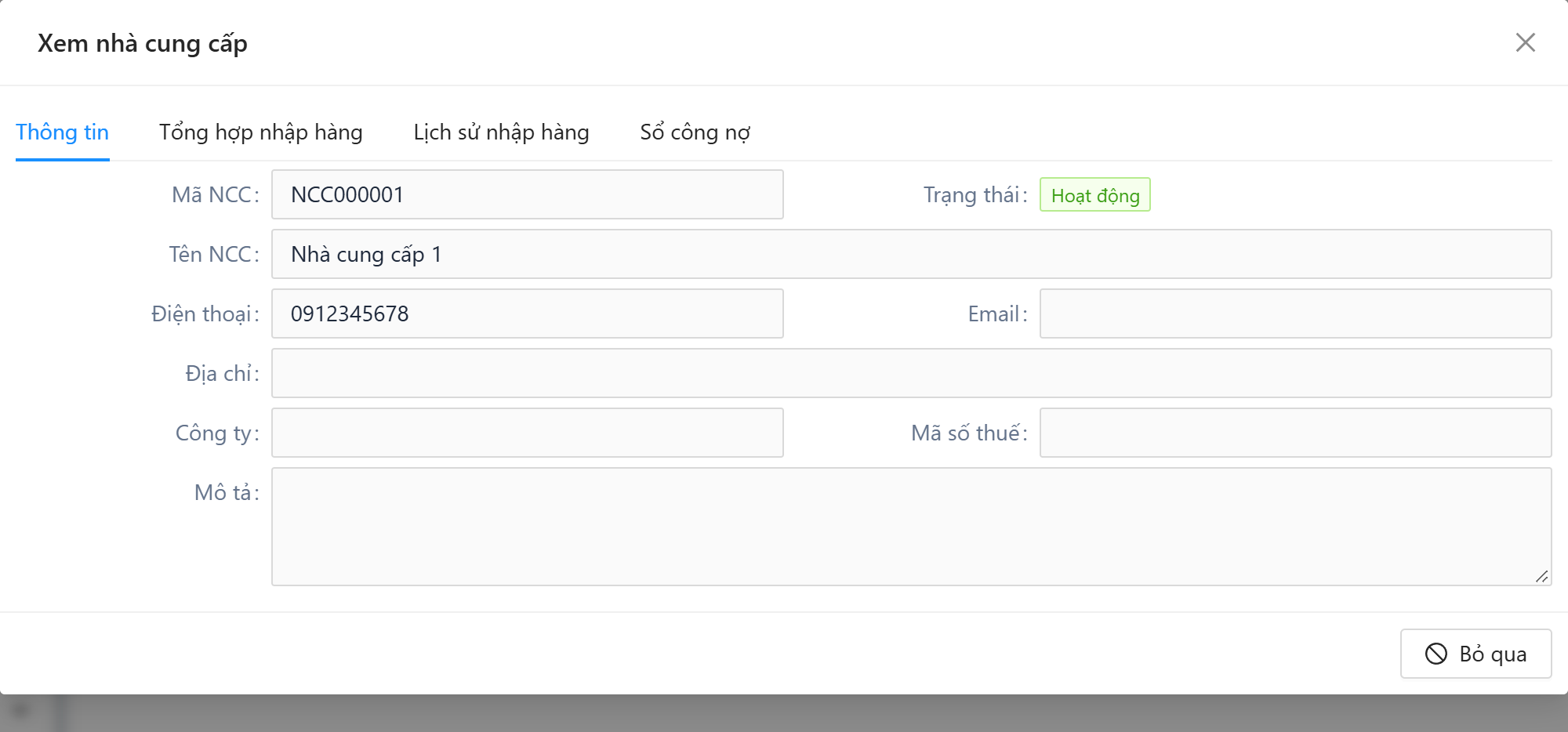 Màn hình Xem nhà cung cấp, tab Thông tin: mã, tên, điện thoại, công ty, mã số thuế, loại hình