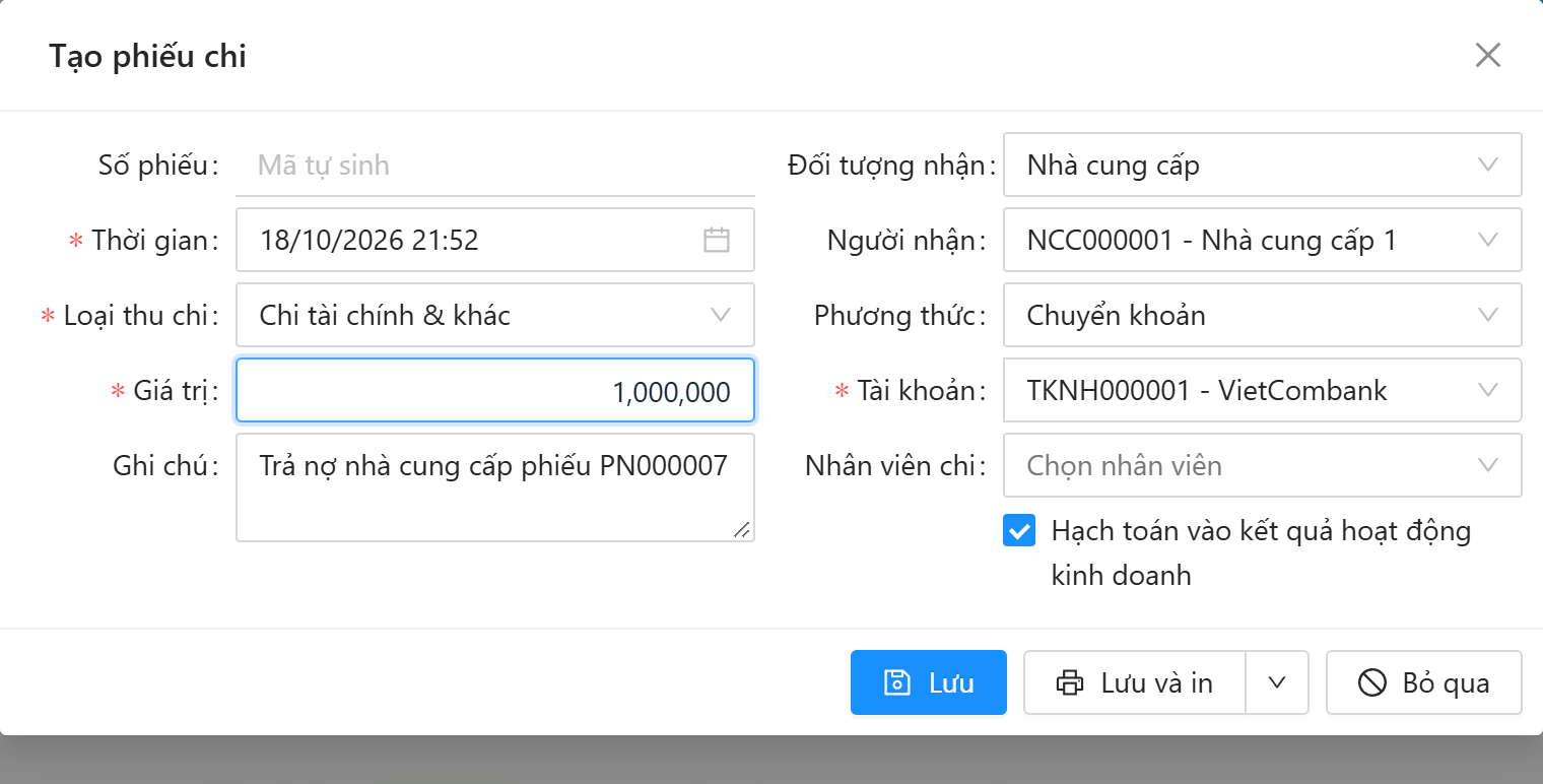 Màn hình Tạo phiếu chi: loại thu chi, giá trị, ghi chú, đối tượng nhận nhà cung cấp, người nhận, phương thức, tài khoản