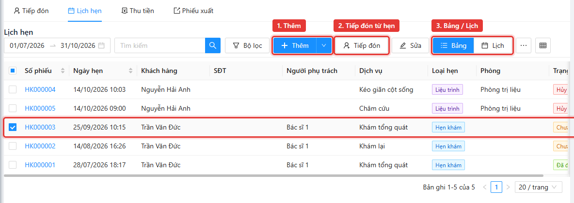 Màn Lịch hẹn với nút Thêm, Tiếp đón và chuyển Bảng/Lịch