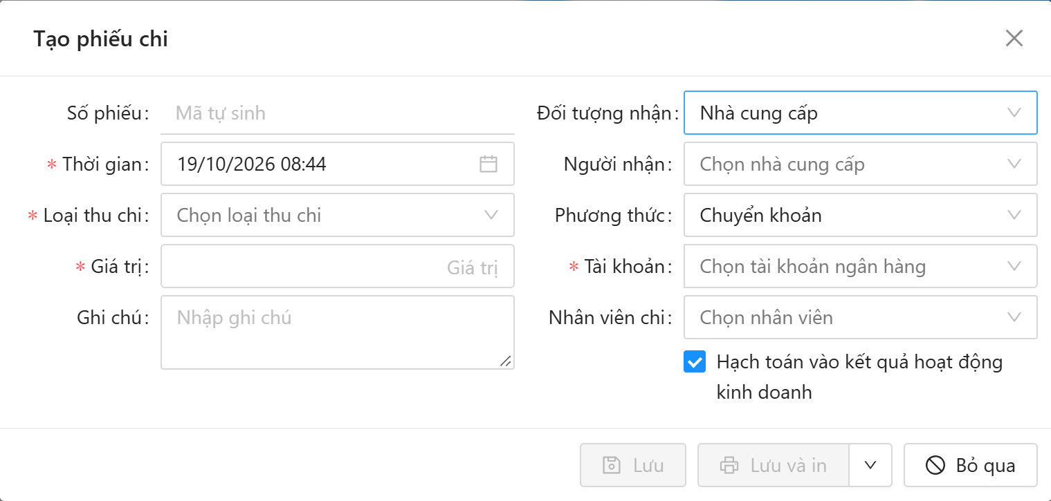 Cửa sổ Tạo phiếu chi: Đối tượng nhận mặc định Nhà cung cấp, Người nhận, Phương thức, Tài khoản, Nhân viên chi