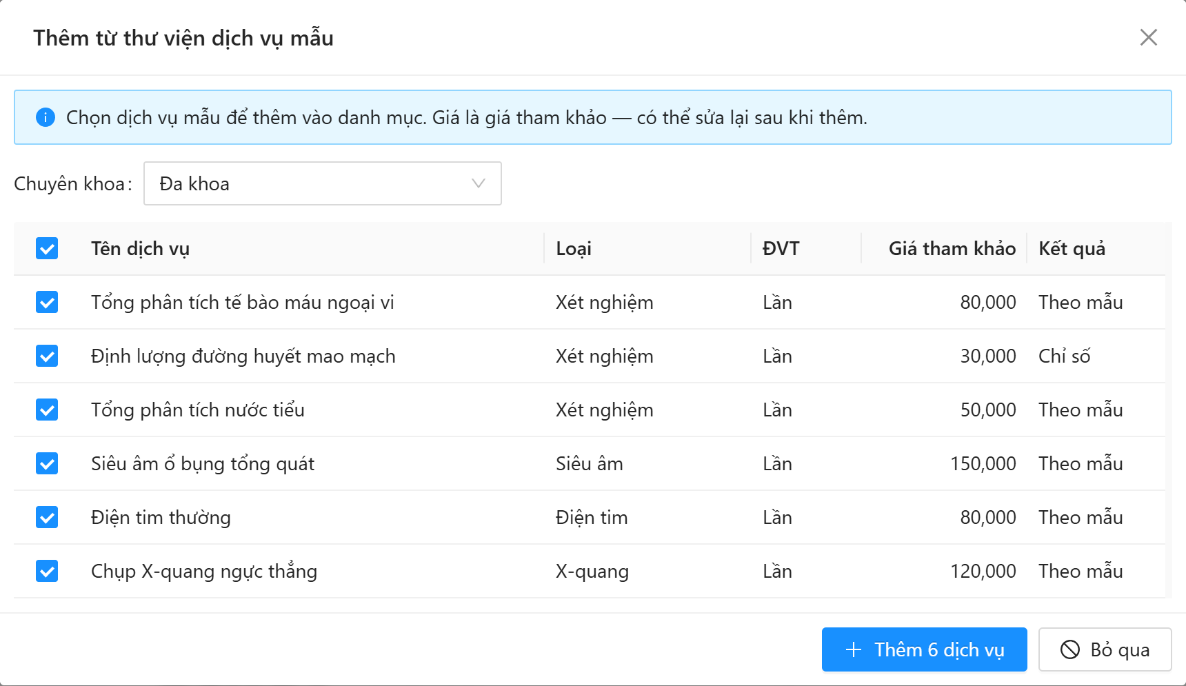 Cửa sổ Thêm từ thư viện dịch vụ mẫu: lọc chuyên khoa, bảng Tên dịch vụ, Loại, ĐVT, Giá tham khảo, Kết quả, nút Thêm N dịch vụ