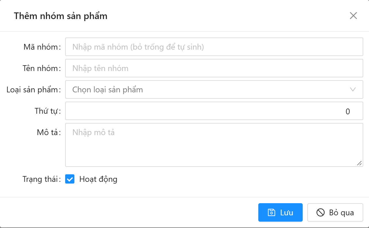 Cửa sổ thêm nhóm sản phẩm: Mã nhóm, Tên nhóm, Loại sản phẩm, Thứ tự, Mô tả, Hoạt động
