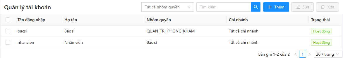 Danh sách tài khoản: lọc theo nhóm quyền, ô tìm kiếm, các nút Thêm, Sửa, Xóa