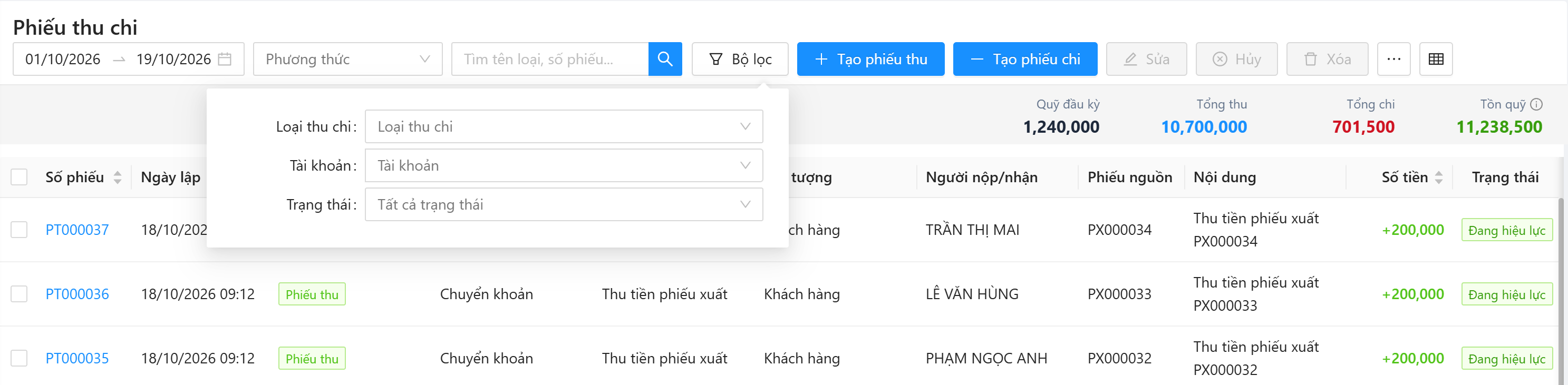 Bộ lọc phiếu thu chi: Loại thu chi, Tài khoản, Trạng thái