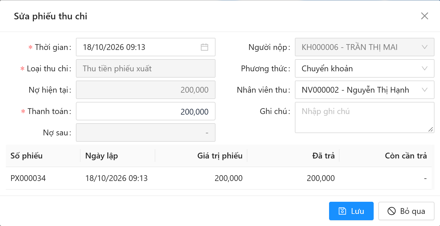 Cửa sổ Sửa phiếu thu chi của phiếu thu tự động: Thời gian, Loại thu chi bị khóa, Nợ hiện tại, Thanh toán, Nợ sau, Người nộp, Phương thức, Nhân viên thu, Ghi chú và bảng phiếu nguồn