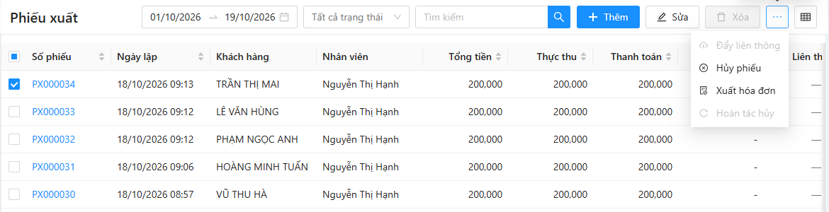 Danh sách phiếu xuất: đã tích chọn phiếu PX000034, menu Thao tác khác mở ra gồm Đẩy liên thông, Hủy phiếu, Xuất hóa đơn, Hoàn tác hủy