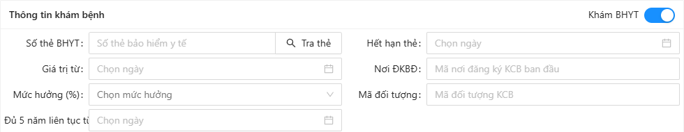 Tiếp đón, khung Thông tin khám bệnh bật Khám BHYT: Số thẻ BHYT, nút Tra thẻ, Hết hạn thẻ, Giá trị từ, Nơi ĐKBĐ, Mức hưởng (%), Mã đối tượng, Đủ 5 năm liên tục từ