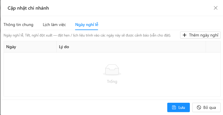 Tab Ngày nghỉ lễ: ghi chú đặt hẹn vào ngày nghỉ sẽ được cảnh báo, nút Thêm ngày nghỉ, bảng Ngày, Lý do