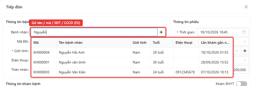 Ô tìm bệnh nhân nhận tên, mã, số điện thoại hoặc CCCD