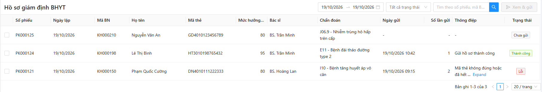 Hồ sơ giám định BHYT: khoảng ngày, Tất cả trạng thái, ô tìm kiếm, nút Xem & gửi; bảng Số phiếu, Ngày lập, Mã BN, Họ tên, Mã thẻ, Mức hưởng, Bác sĩ, Chẩn đoán, Ngày gửi, Số lần gửi, Thông điệp, Trạng thái