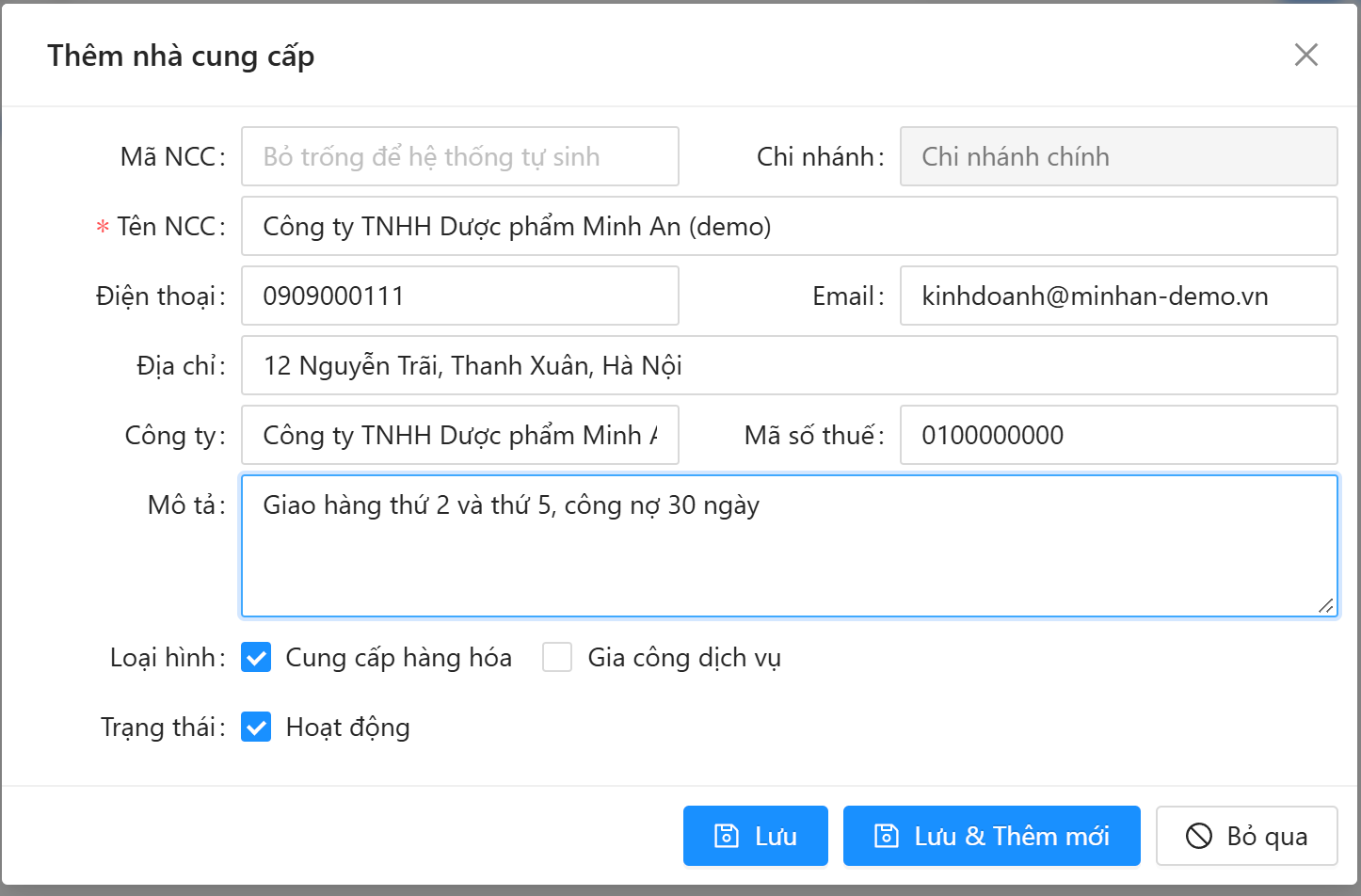 Màn hình Thêm nhà cung cấp: mã NCC tự sinh, tên NCC, điện thoại, email, địa chỉ, công ty, mã số thuế, loại hình