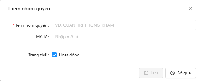 Cửa sổ thêm nhóm quyền: Tên, Mô tả, Trạng thái Hoạt động