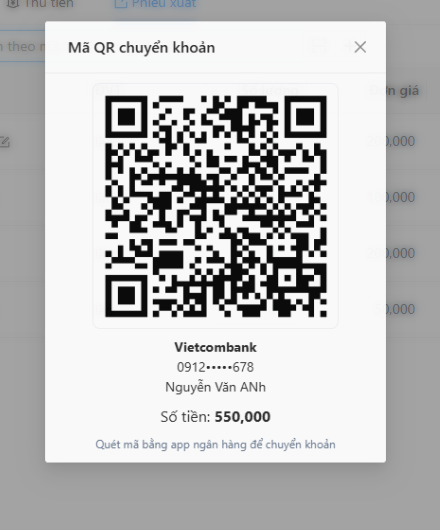 Cửa sổ Mã QR chuyển khoản hiện mã VietQR, ngân hàng và số tiền cần thu