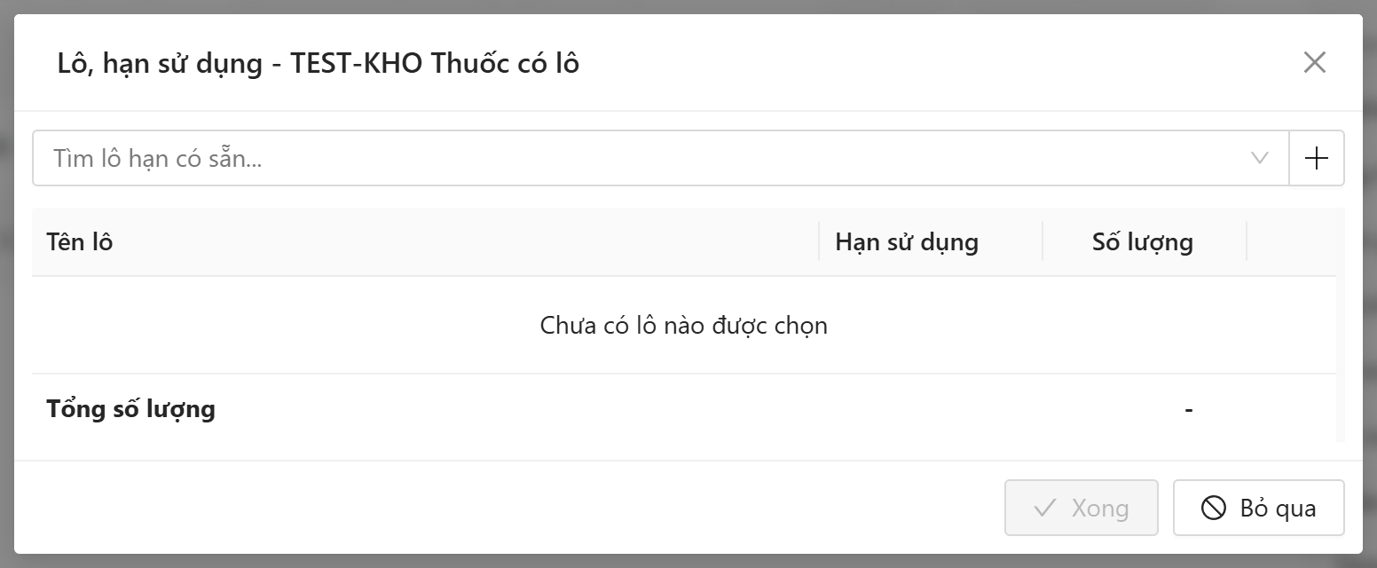 Hộp Lô, hạn sử dụng: ô tìm lô có sẵn, nút thêm lô mới, bảng tên lô, hạn sử dụng, số lượng
