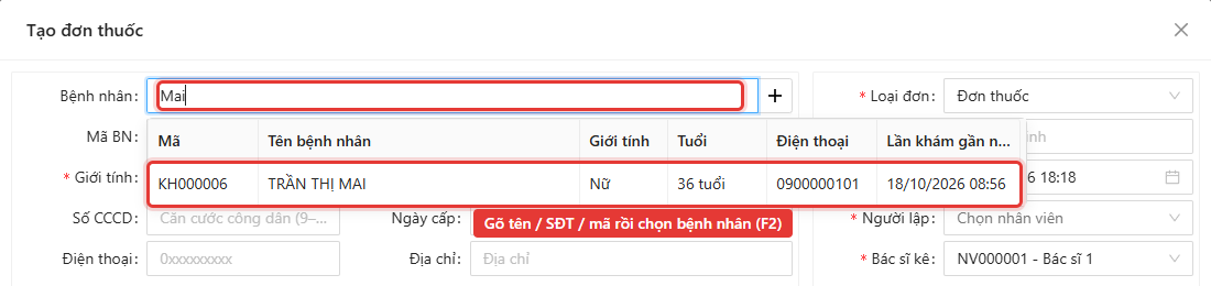 Tìm và chọn bệnh nhân trong màn Tạo đơn thuốc